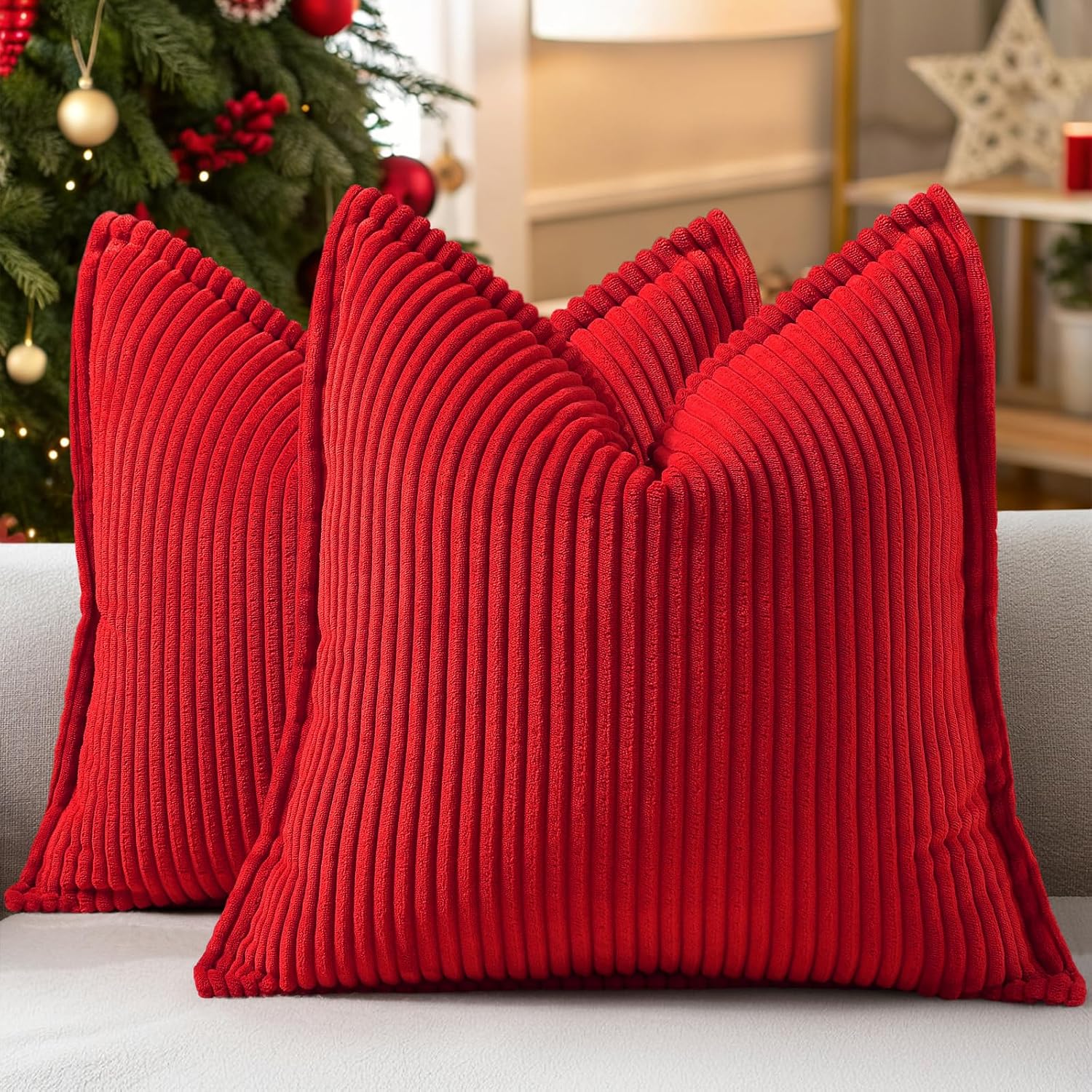 decorUhome Summer Corduroy Red Throw Pillow Covers 18x18 Set of 2 Decorative Soft Boho Farmhouse Couch Pillow Covers for Living Room Bed So…