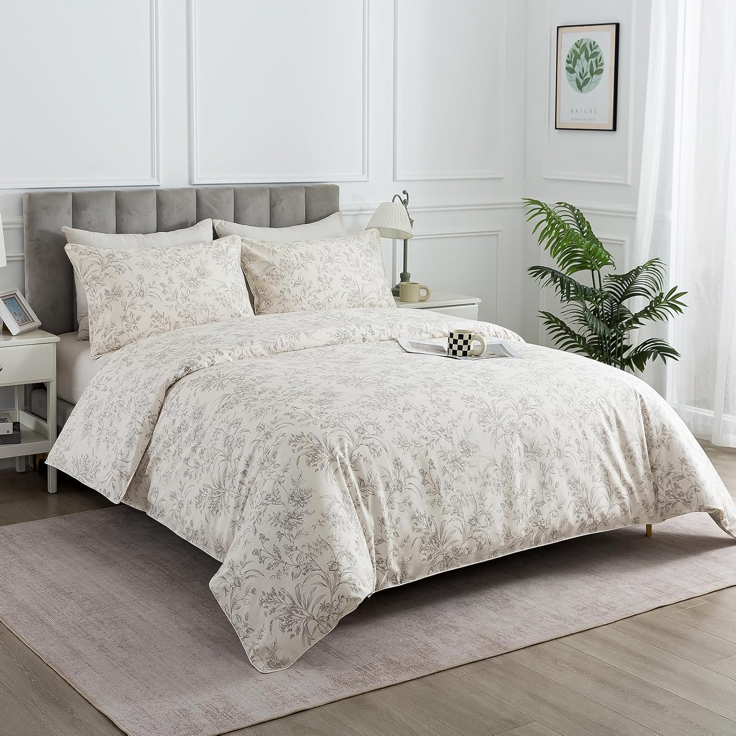 Puralens Vintage Floral Beige Duvet Cover King 100% Cotton, Shabby Flower Patterned Chic Soft Percale Comforter Cover Set, Cute Cottage Rev…
