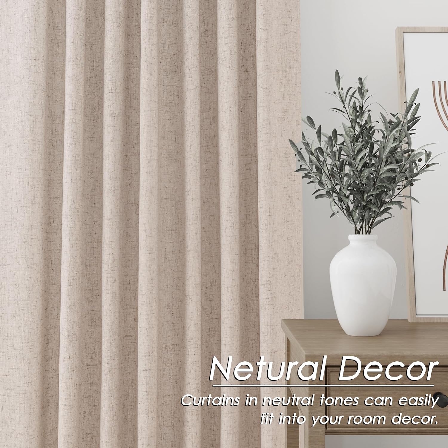 Nanspring Oatmeal 100% Blackout Linen Curtains 96 Inches Long for Bedroom Back Tab Thermal Insulated Neutral Modern Farmhouse Decor Black O…