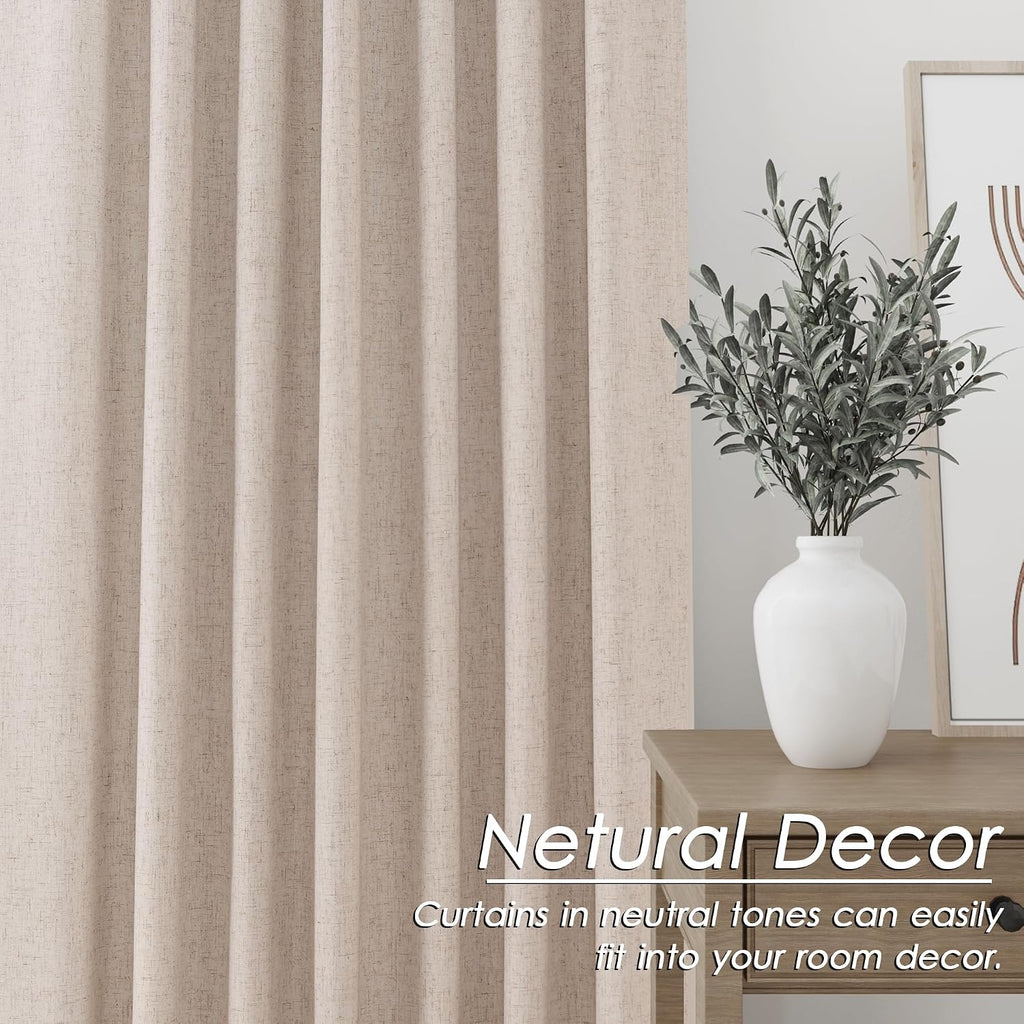 Nanspring Oatmeal 100% Blackout Linen Curtains for Bedroom 120 Inches Long Back Tab Thermal Insulated Modern Farmhouse Decor Black Out Curt…