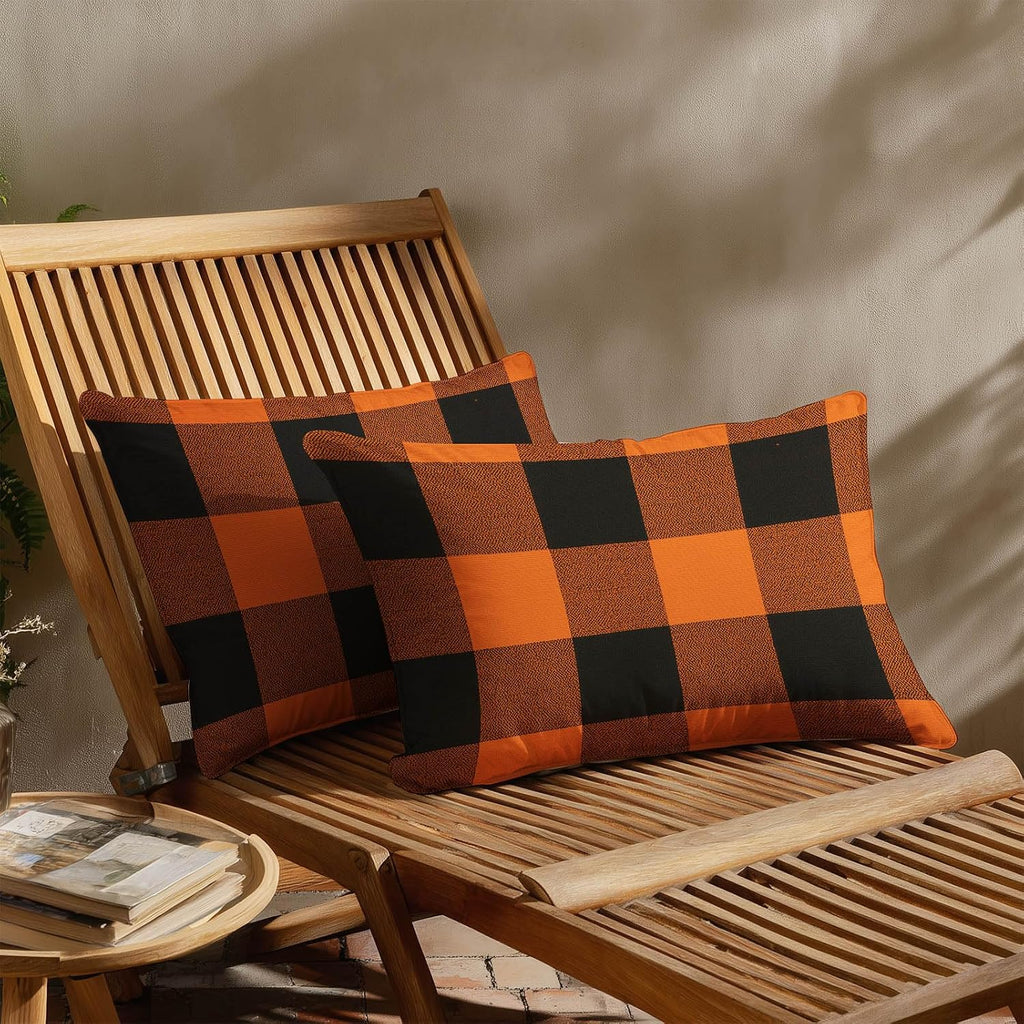 HOMETITUTE Pillow Covers Decorative Pack of 2 Satin 12x20 Inch Orange Black Buffalo Plaid Art Lumbar Throw Pillow Cases for Sofa Couch…