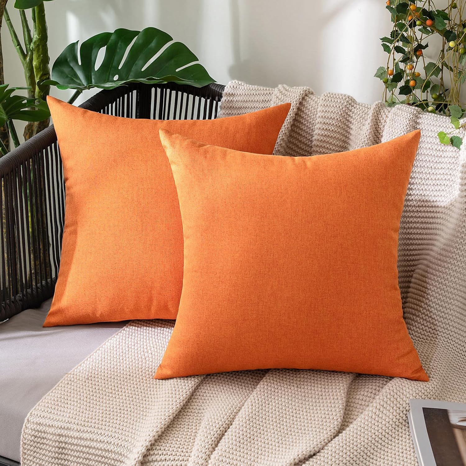 Miulee Pack of 2 Decorative Outdoor Solid Waterproof Throw Pillow Covers Euro Sham Faux Linen Garden Farmhouse Cushion Cases for Summer Pat…