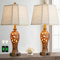 Set of 2 Rustic Table Lamps for Living Room Bedroom, 2 USB Ports 25'' Vintage Farmhouse Desk Lamp with Nightlight, Brown Hollow Out Resin…