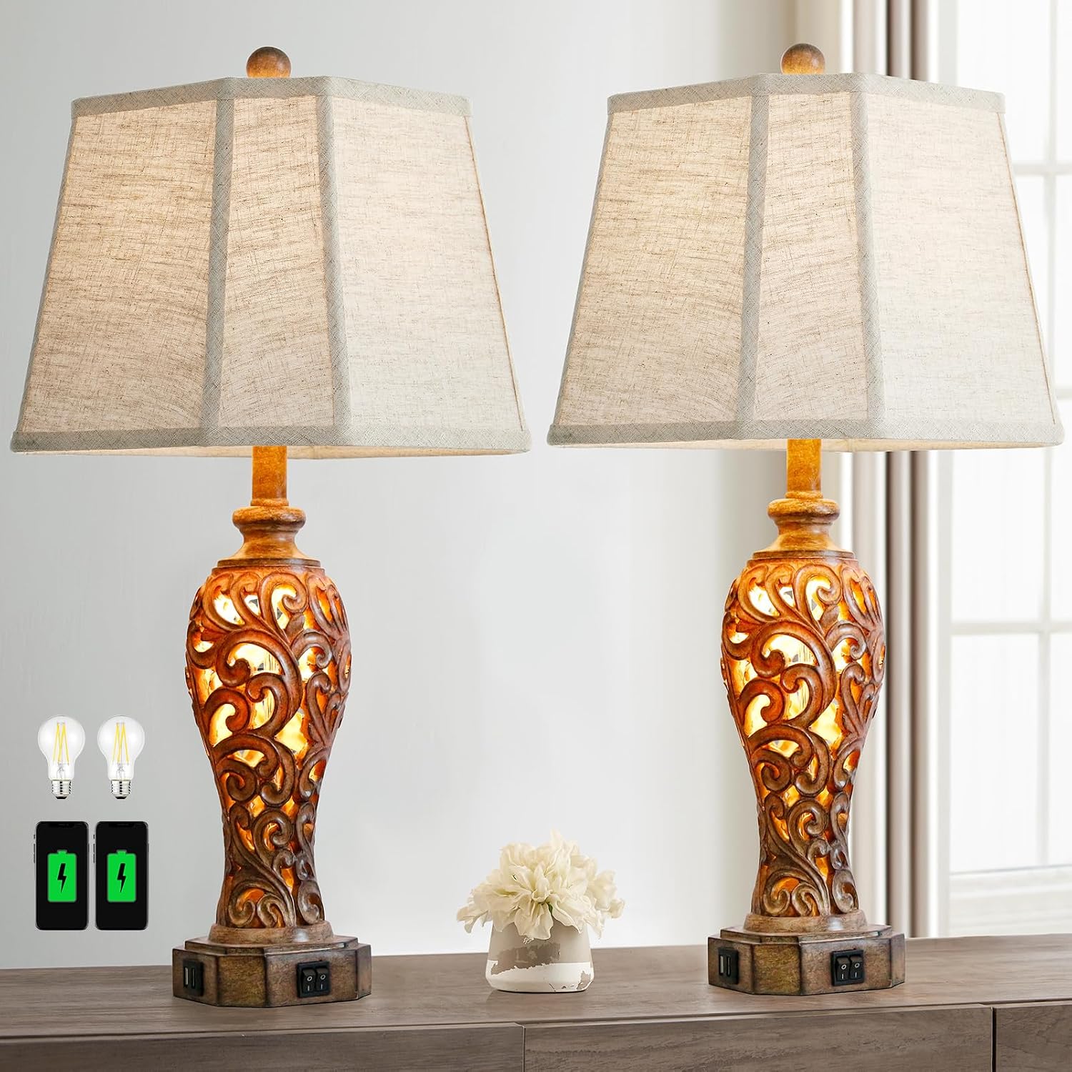 Set of 2 Rustic Table Lamps for Living Room Bedroom, 2 USB Ports 25'' Vintage Farmhouse Desk Lamp with Nightlight, Brown Hollow Out Resin…