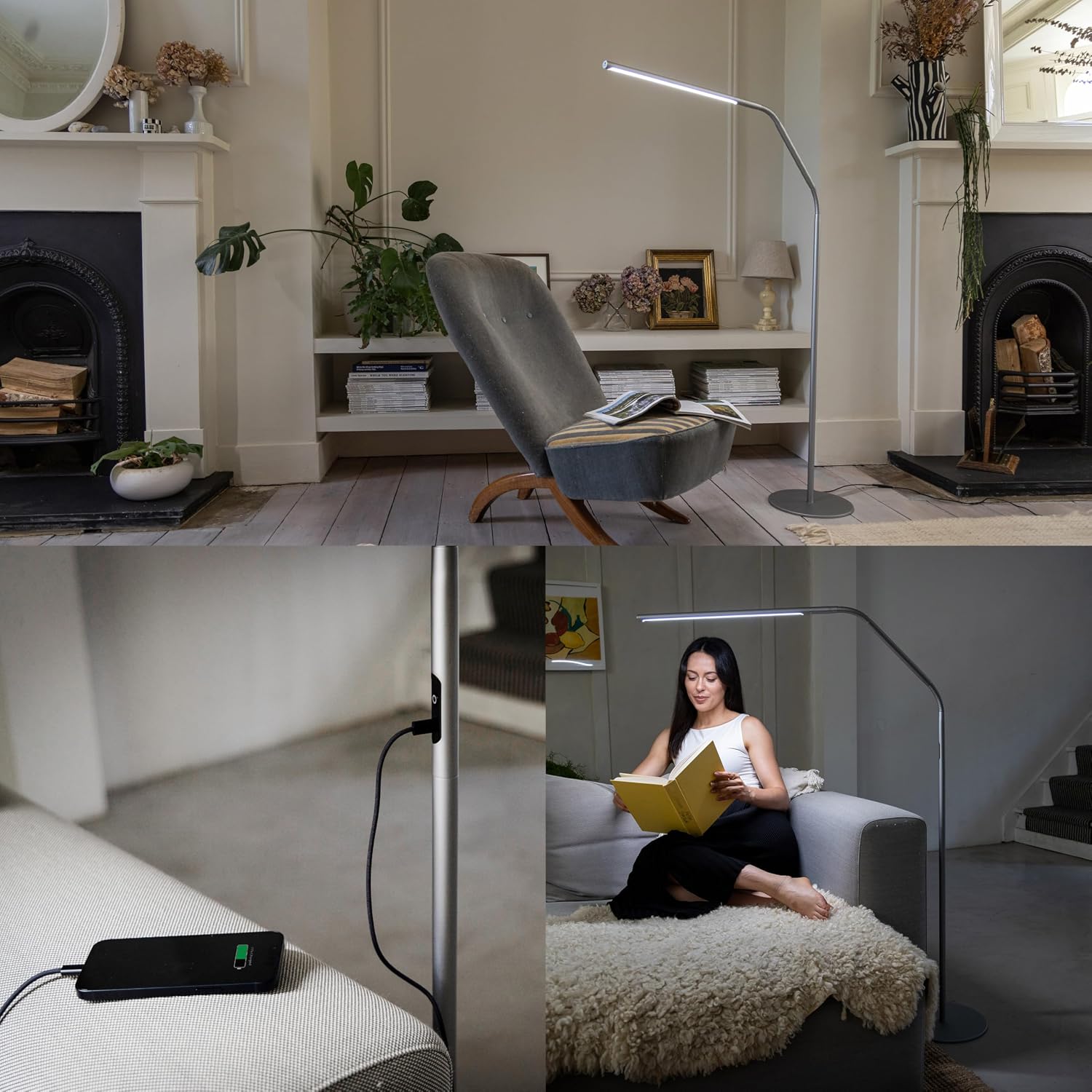 DaylightCompany-USA Daylight line 4 LED Floor Lamp - 6,000K, 3,200 Lux, 4 Brightness Levels, USB-C Port for Fast Charging - Sleek Desig…