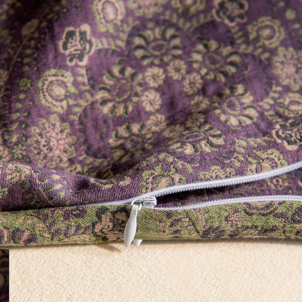 mixinni Purple Green Floral Duvet Cover King Size, Elegant Double-Layer Yarn Cotton Vintage Duvet Cover Set, Exquisite Jacquard Design Bedd…