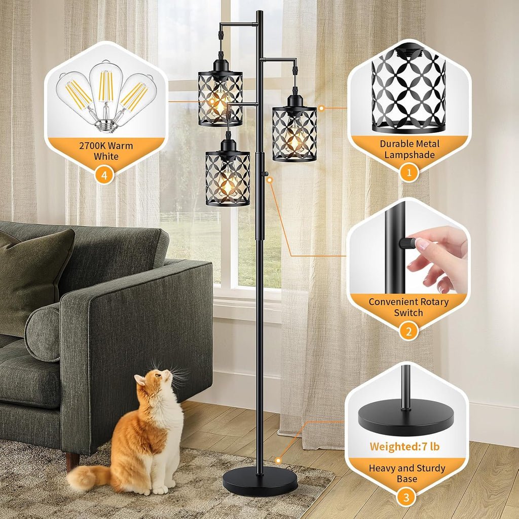 Dimmable Floor Lamp, Farmhouse Standing Lamp with Elegant Metal Cage, Industrial Tall Tree Floor Lamps for Living Room, Bedroom, Study…