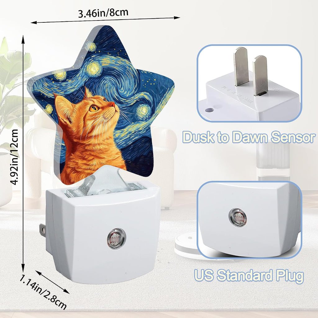 Snowmolle Starry Night Cat Night Lights Plug Into Wall, Abstract Oil Painting Star Night Light for Kids, Nightlight with Dusk to Dawn Smart S…