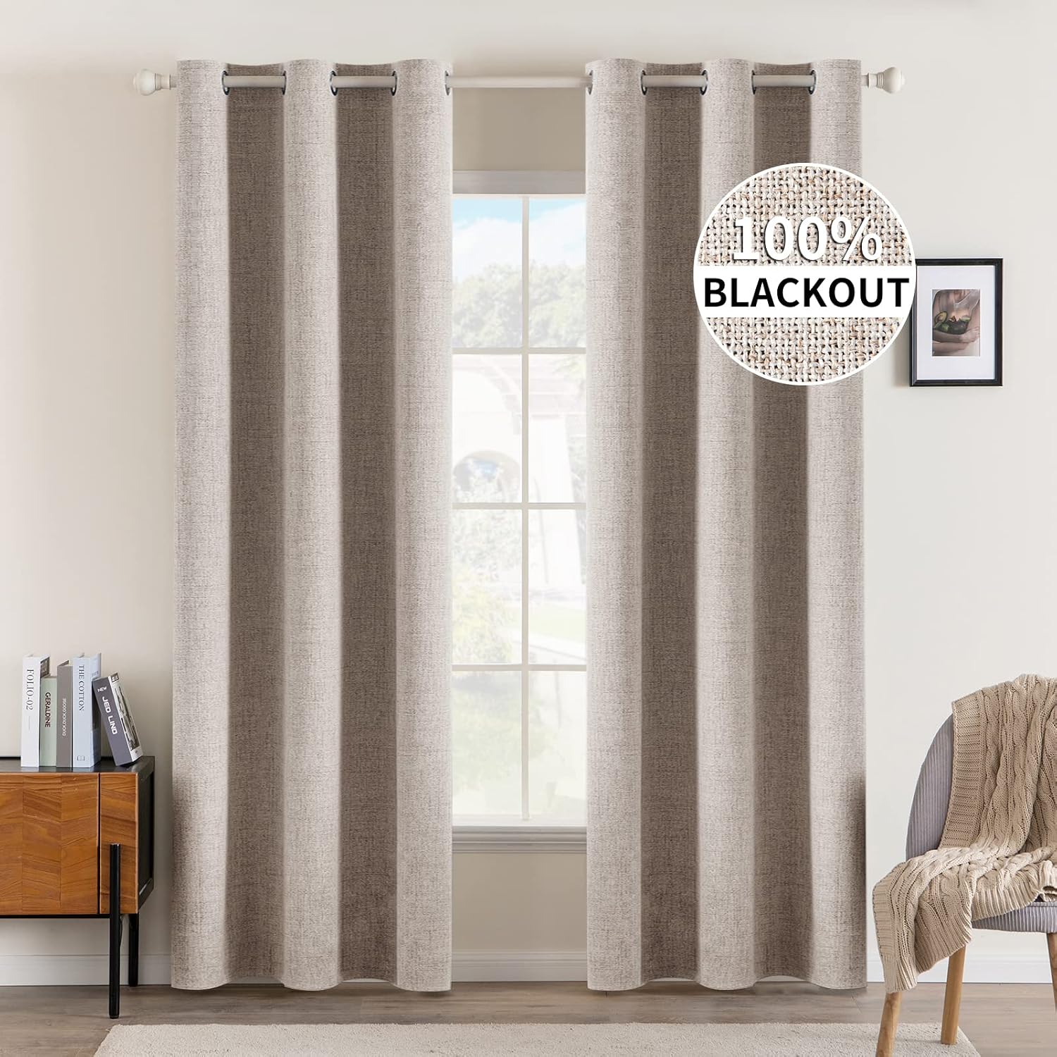 Miulee Linen Blackout Curtains and Drapes 100% Room Darkening Thermal Insulated Grommet Window Panels with Coating 2 PCs W 42 x L 90 inches…