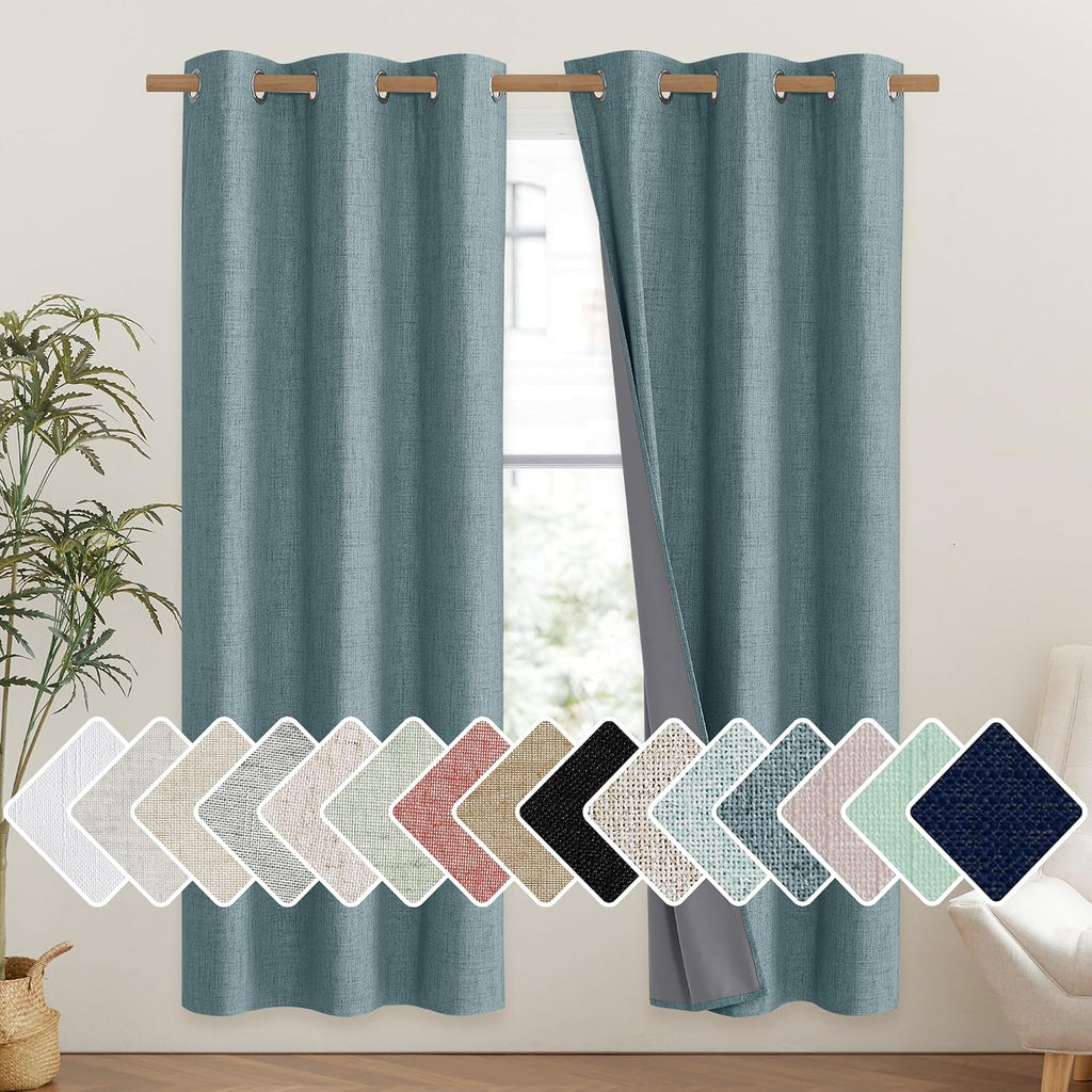 NICETOWN 100% Absolutely Blackout Linen Curtains with Thermal Insulated Liner, Skylark Blue, 42" Wide, 72" Length Energy Saving Curtains…