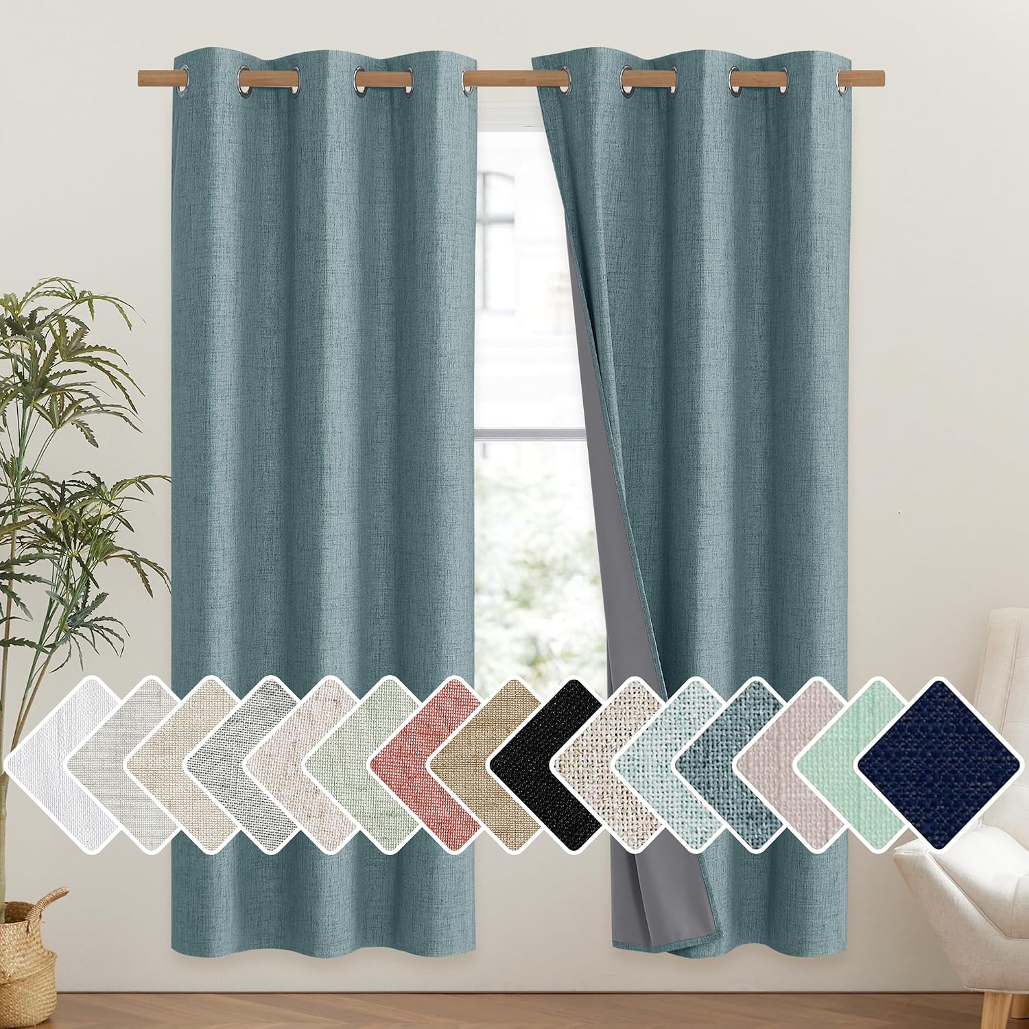 NICETOWN 100% Absolutely Blackout Linen Curtains with Thermal Insulated Liner, Skylark Blue, 42" Wide, 72" Length Energy Saving Curtains…