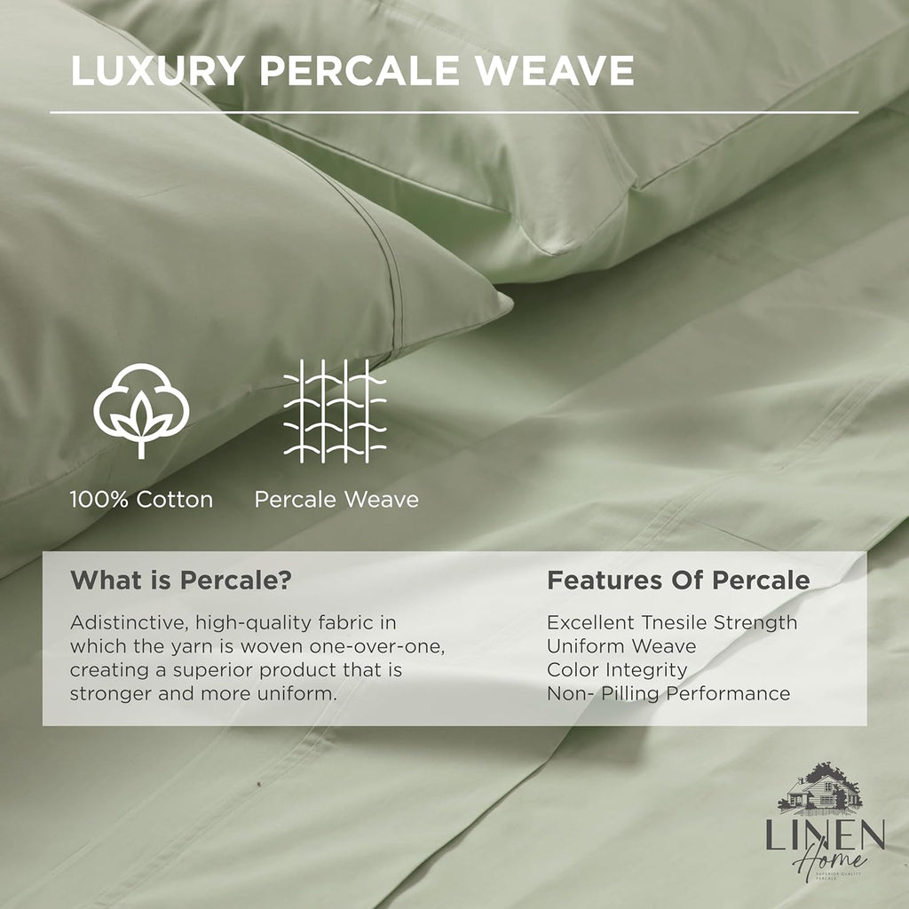 Linen Home 100% Cotton Percale Pillowcases King Size, Sage, 2 Pieces of Pillow Case, Crisp and Cool Strong Bed Linen, 20 inches X 36 inches