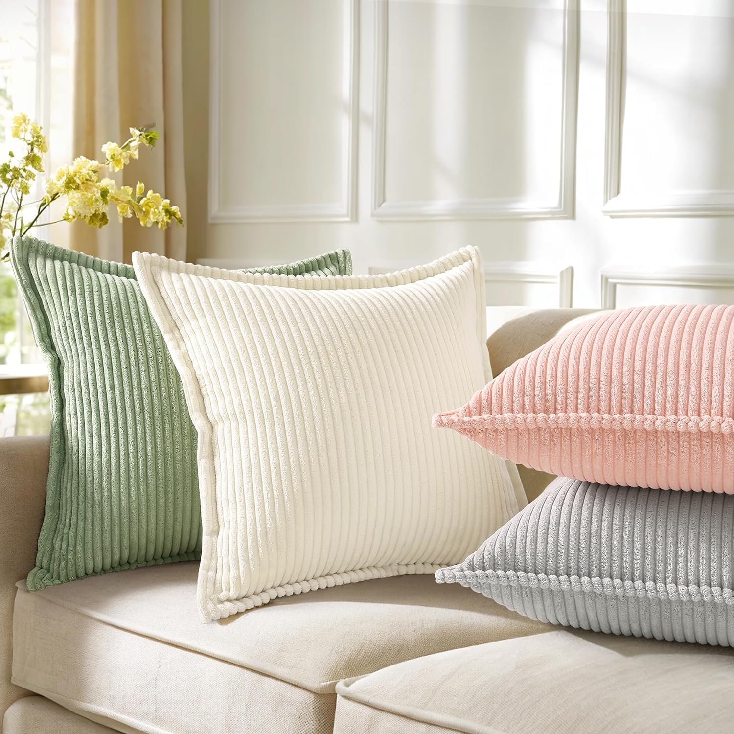 decorUhome Summer Corduroy Cream White Euro Sham Throw Pillow Covers 26x26 Set of 2 Decorative Soft Boho Farmhouse Couch Pillow Covers for…