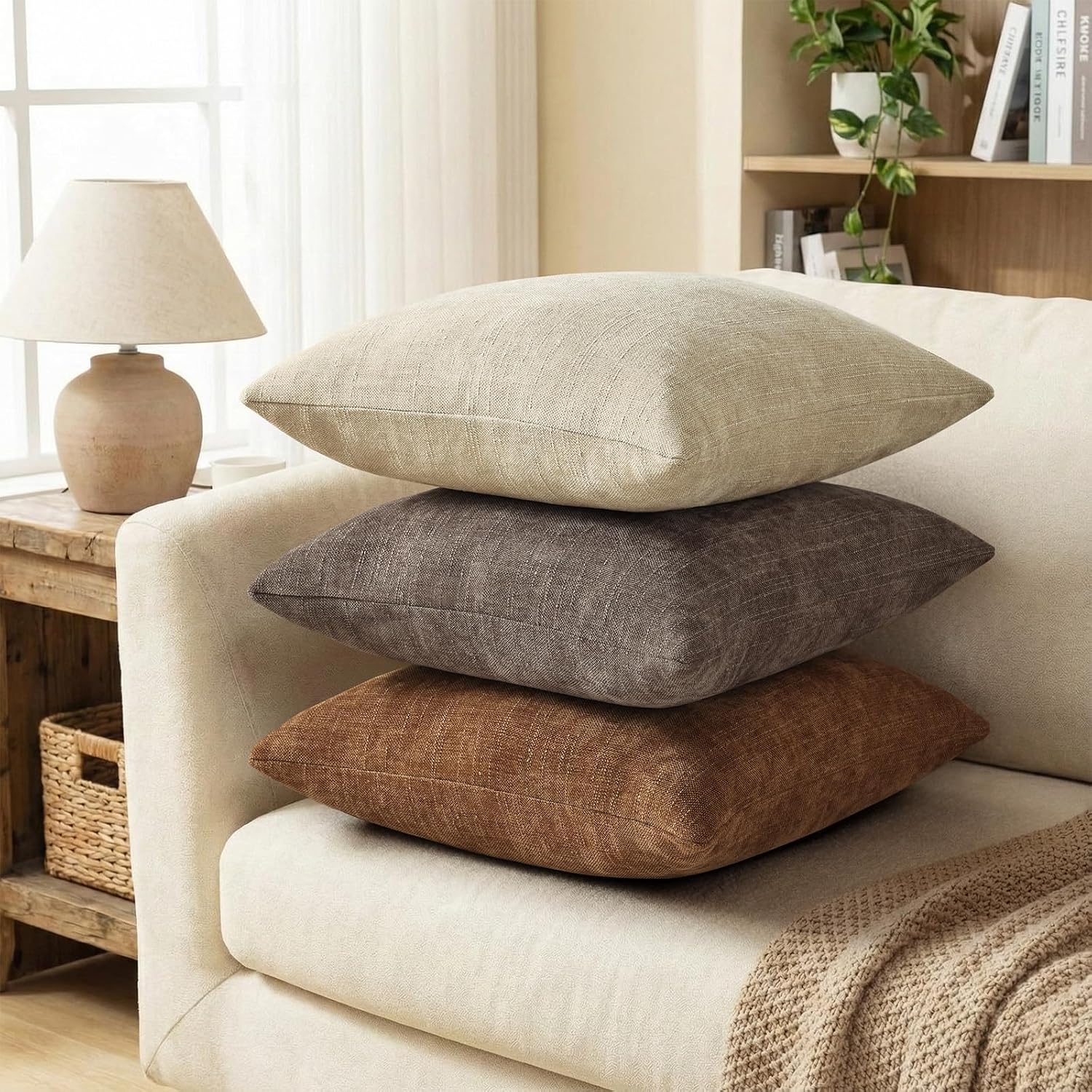 decorUhome Chenille Throw Pillow Covers 20x20 Set of 2, Square Decorative Pillow Covers with Zipper for Couch, Sofa, Living Room, Tan