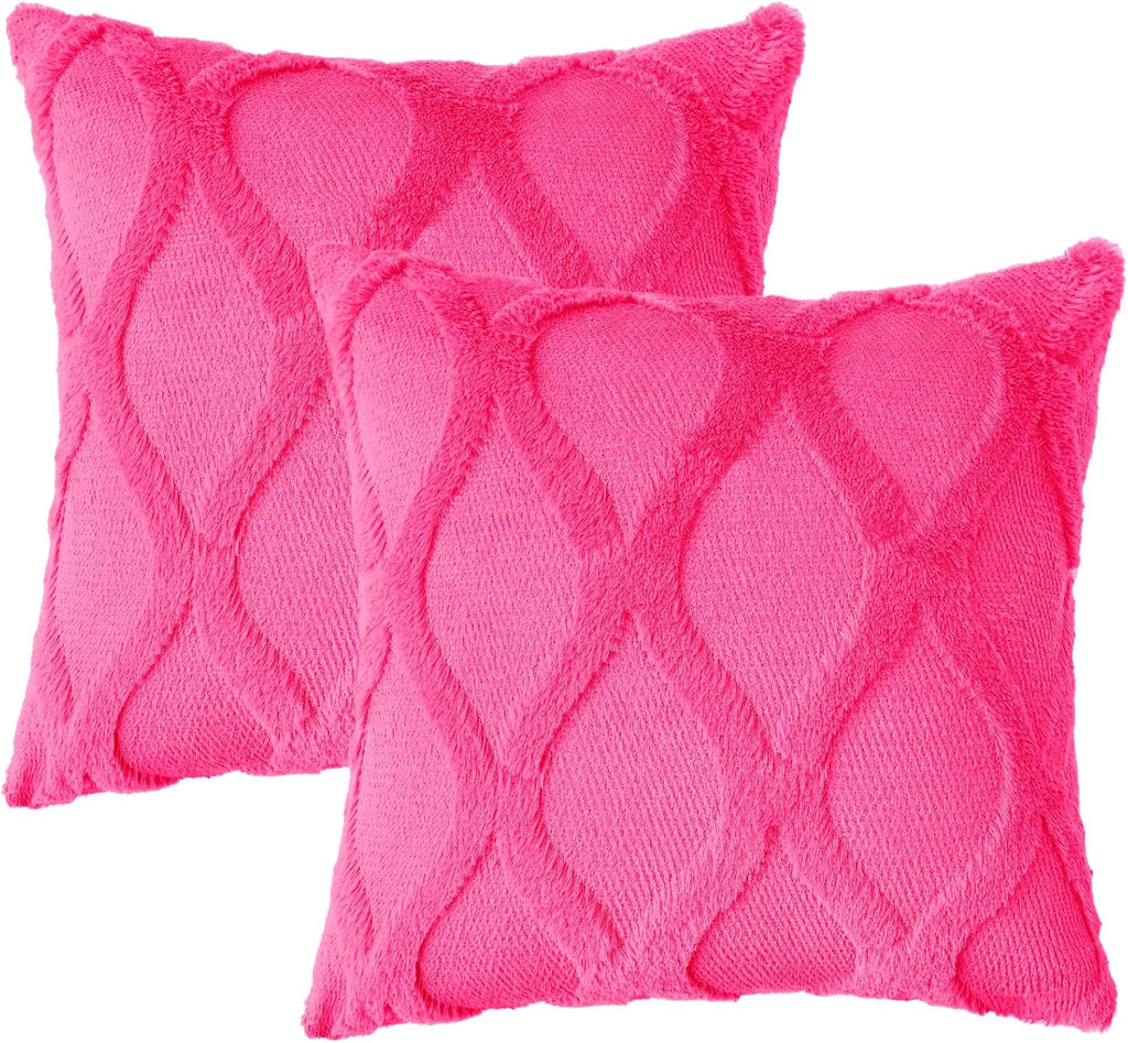 decorUhome Summer Throw Pillow Covers 16x16 Inch Set of 2, Soft Plush Faux Fur Wool Hot Pink Accent Couch Pillow Covers for Modern Farmhous…