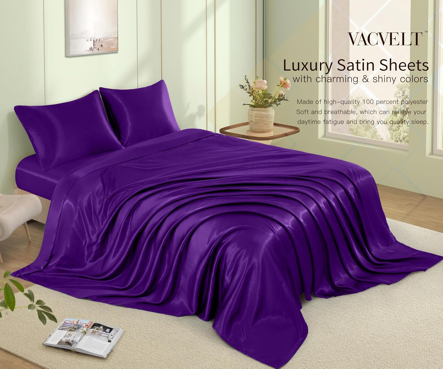 VACVELT 4pcs Purple Satin Sheets King Size Bed Set, 15 Inch Deep Pocket Silky Satin Sheet Set, Soft Satin Bedding Set Cooling & Luxury…