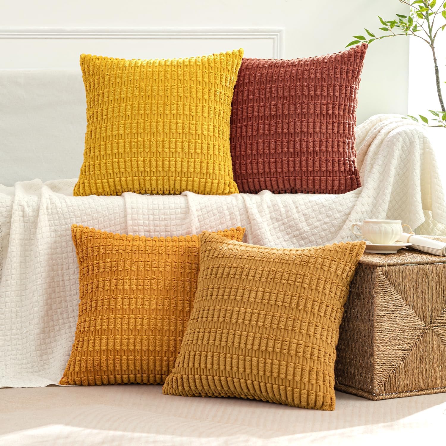 Miulee Pack of 4 Fall Boho Farmhouse Orange Yellow Corduroy Decorative Throw Pillow Covers 18x18 Inch Soft Striped Pillow Covers Modern Rus…