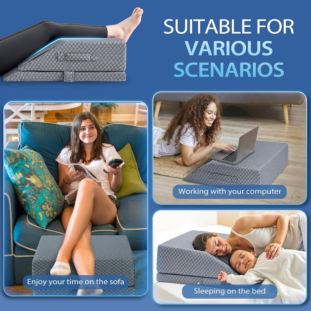 Wellsin 2 Height Adjustable Wedge Leg Pillow for Elevation, Memory Foam Leg Elevation Pillows for Swelling with 3 Handles and Washable Cover