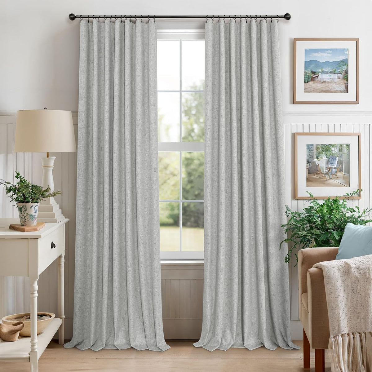 Pitalk Extra Long White Gray Blackout Curtains 108 Inch Long for Living Room 2 Panel Lightweight Linen Textured Total Black Out Darkening L…