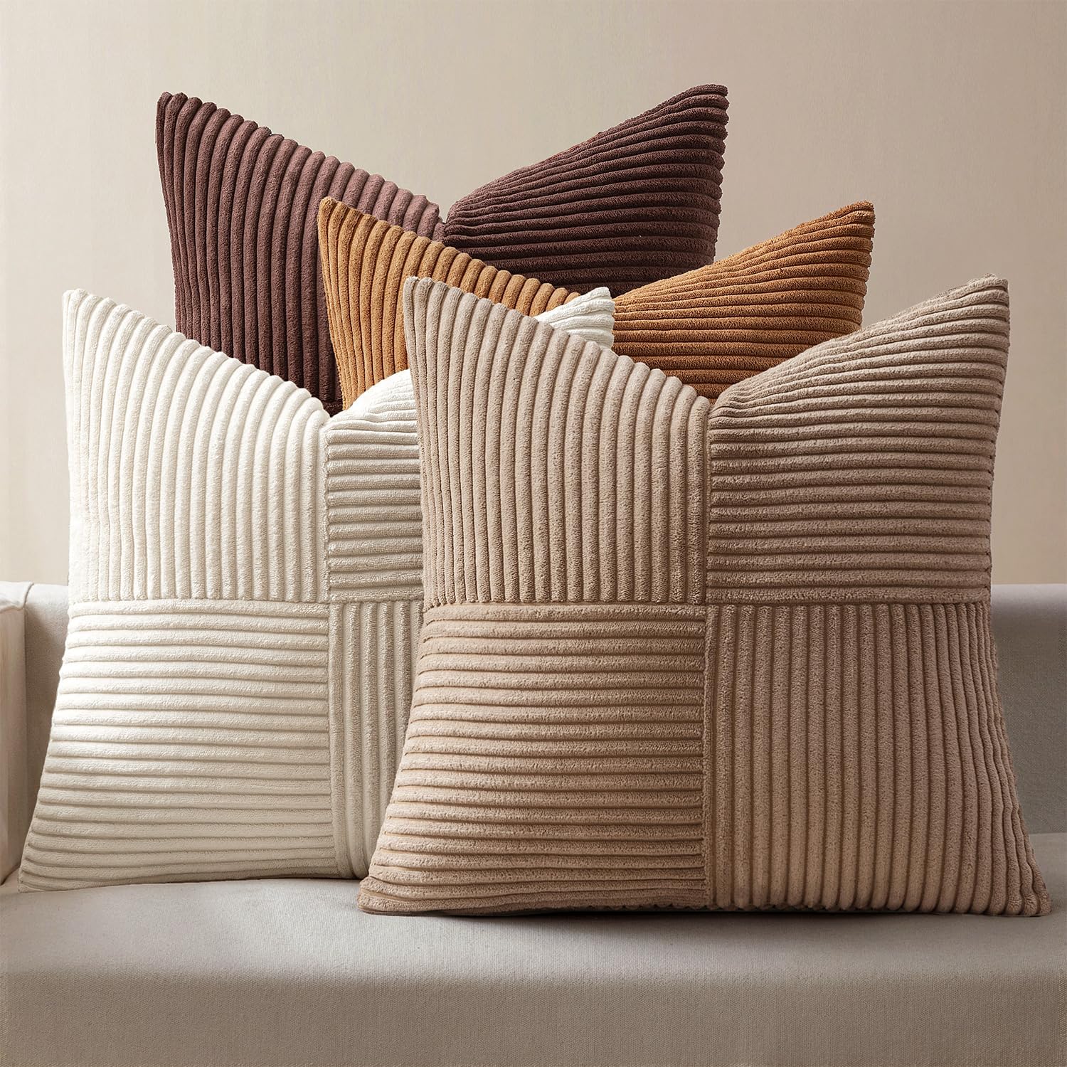 Miulee Brown Throw Pillow Covers 20x20 Inch Set of 4 Boho Farmhouse Cushion Cases Neutral Gradient Corduroy Pillow Cases with Invisible Zip…