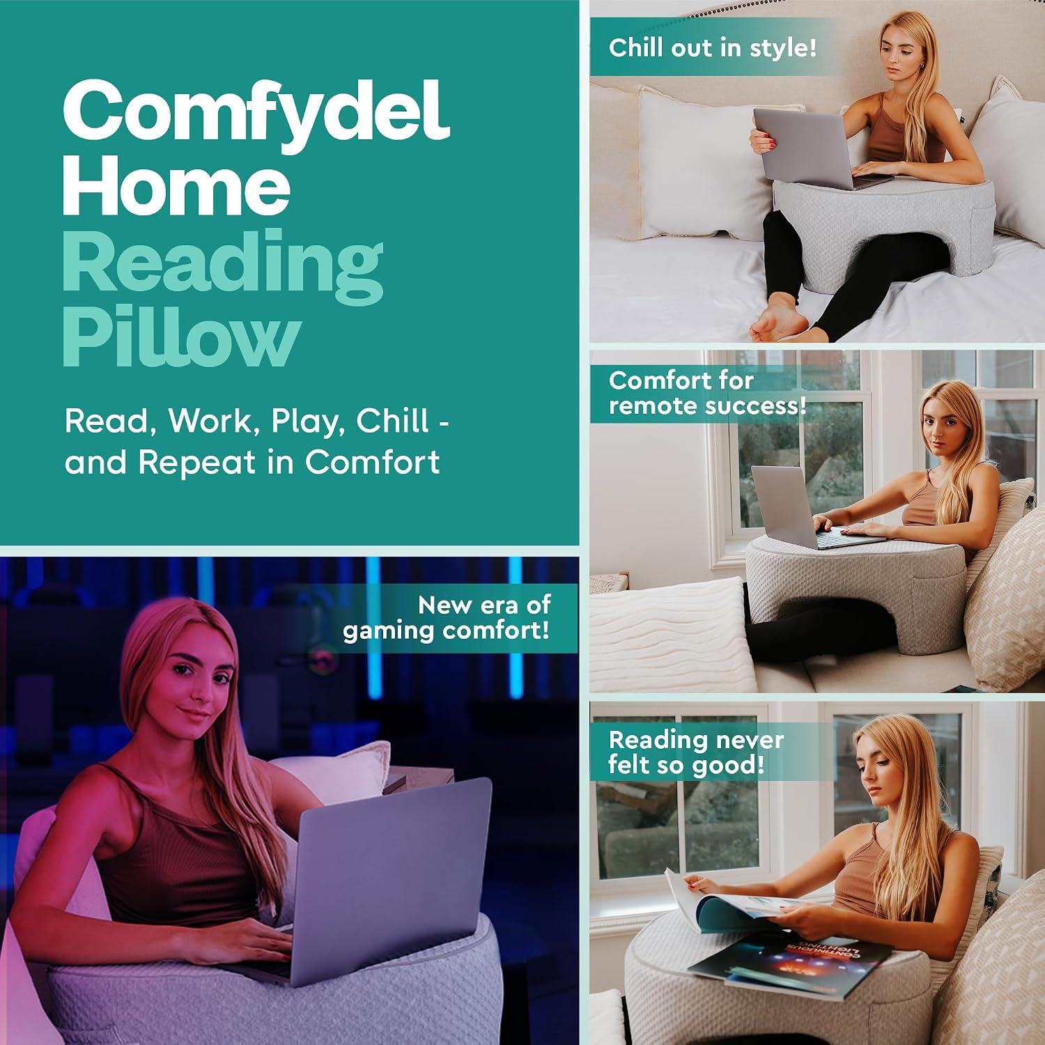 Memory Foam Reading Pillow with Arm Rests & Pocket | Lap Desk for Laptop, Reading and Relaxing on Bed, Couch, or Floor, Armrest and…