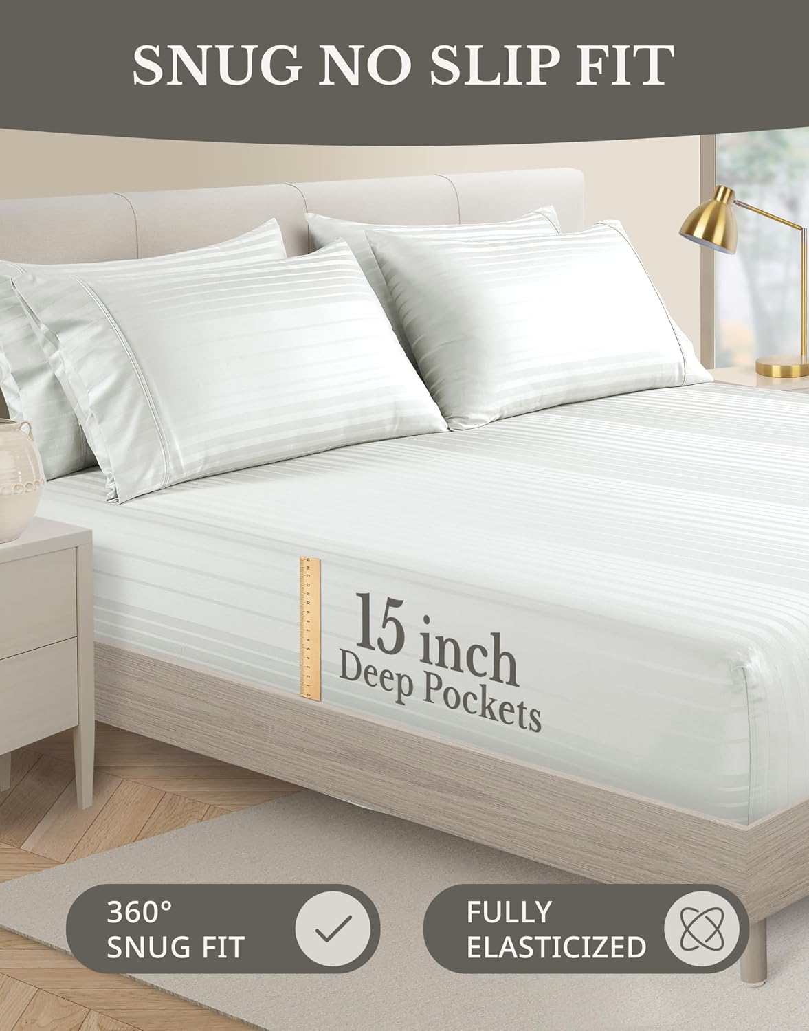 Casa Platino 100% Cotton Sheets California King Size Set - 6 Pcs (1 Flat, 1 Fitted, 4 Pillowcases) - Striped 500 TC - Smooth & Silky…