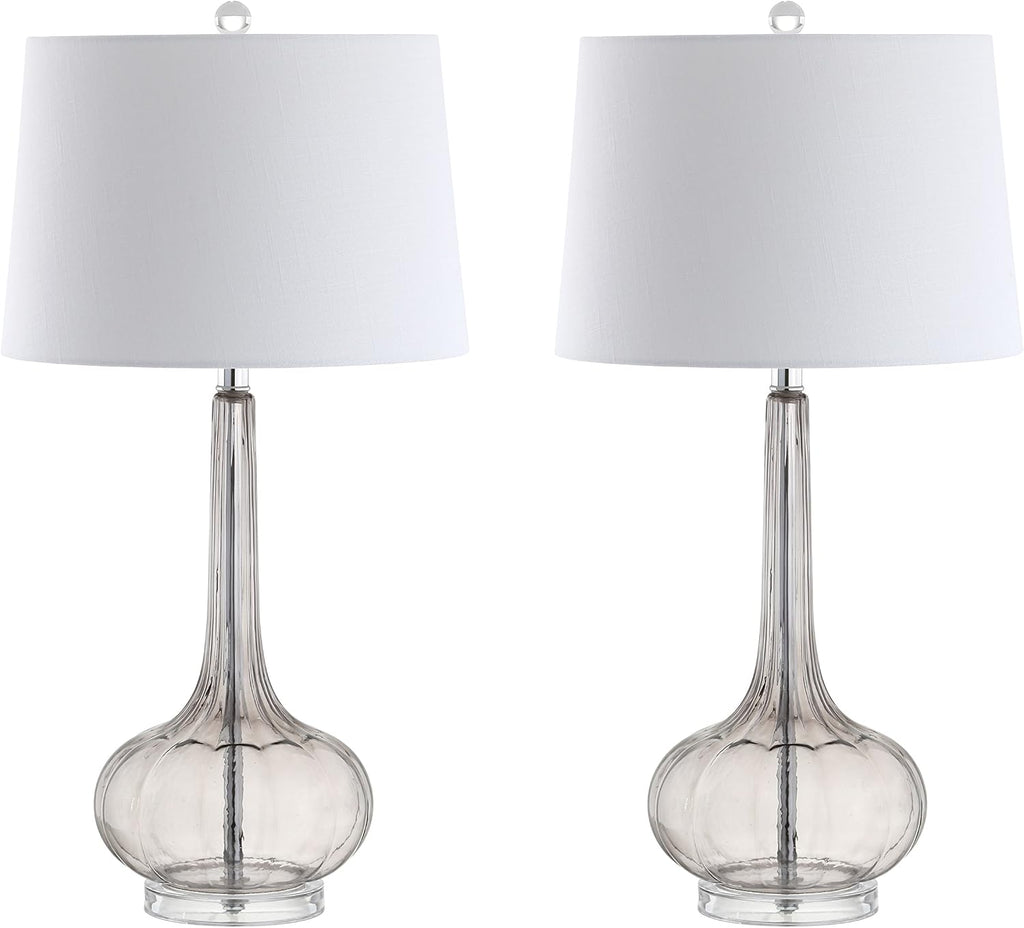 JONATHAN Y 28.5" Smoke Gray Glass Teardrop LED Table Lamp Set of 2 for Living Room Bedroom Nightstand, White Linen Shade Modern…