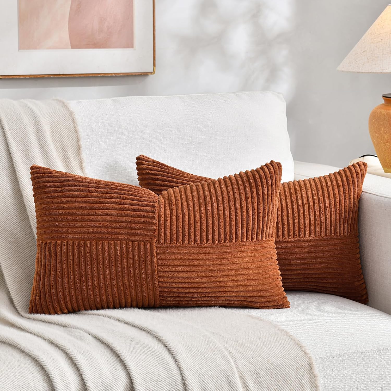 Fancy Homi 2 Packs Rust Lumbar Decorative Throw Pillow Covers 20x28 Inch for Couch Bed Sofa, Rustic Farmhouse Boho Home Decor, Soft…