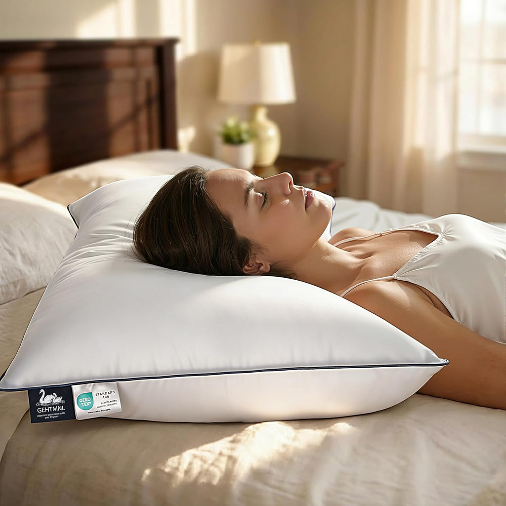 Gehtmnl Luxury Hotel Goose Feather Down Fiber Pillow Standard Size, Fluffy Medium Support Bed Pillow for Sleeping, 3-Layer Design with 400T…