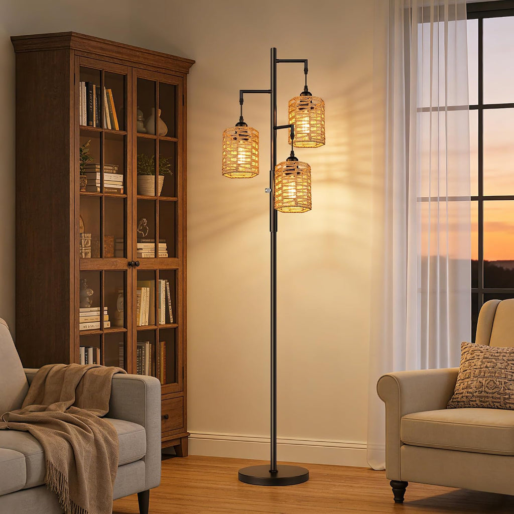ROTTOGOON Dimmable Rattan Floor Lamp, 3 x 800LM LED Bulbs Included, Boho Tree Standing Lamps with 3 Hand-Woven Octagonal Lantern Shades…