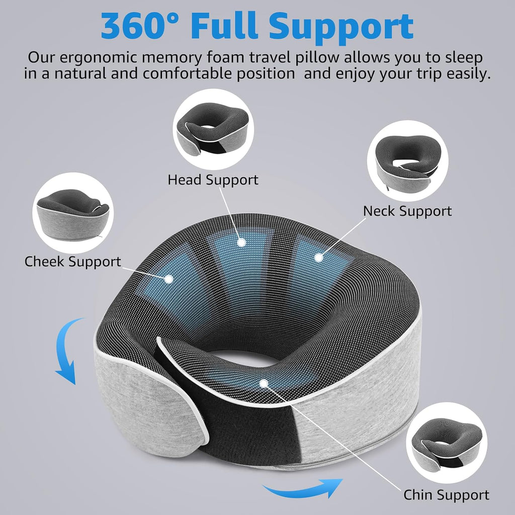 Travel Pillows for Airplanes Ergonomic Memory Foam Neck Pillow for Travel - 360° Head & Neck Support for Sleeping on Flights, Cars…