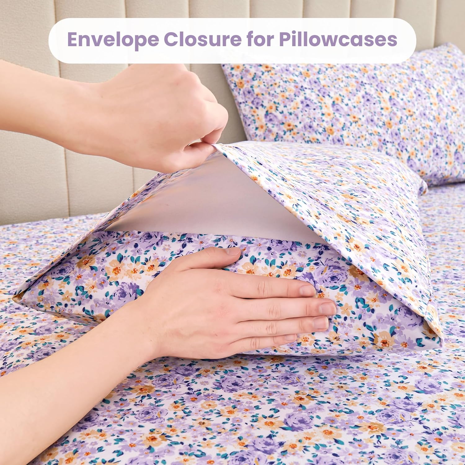 mooreeke Floral King Bed Sheets, Soft Microfiber Vintage Printed Bedding Sheets & Pillowcases, Deep Pocket Non-Slip Fitted King Sheet, Purp…