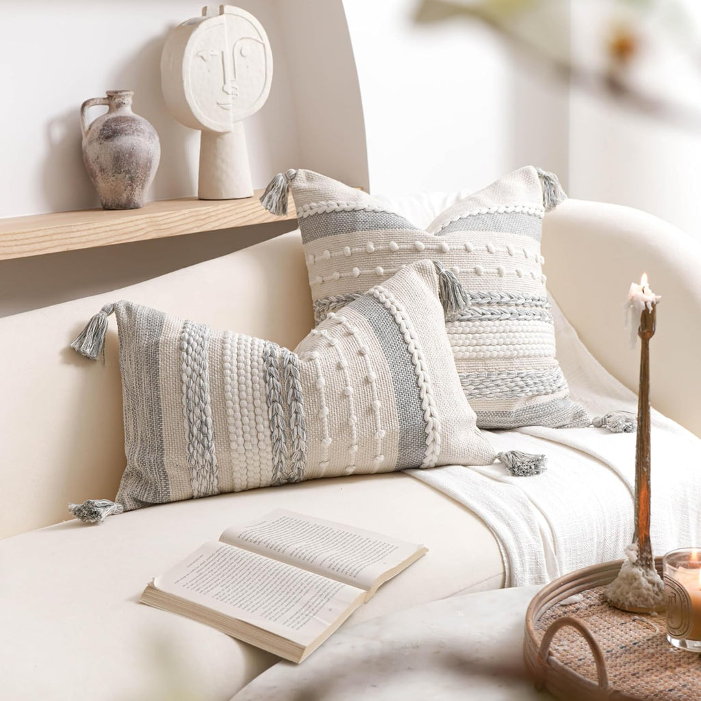 BlissBlush Gray Boho Decorative Throw Pillow Cover 18x18 Square Farmhouse Accent Cushion for Couch Sofa Livingroom Bedroom Pillowcase…