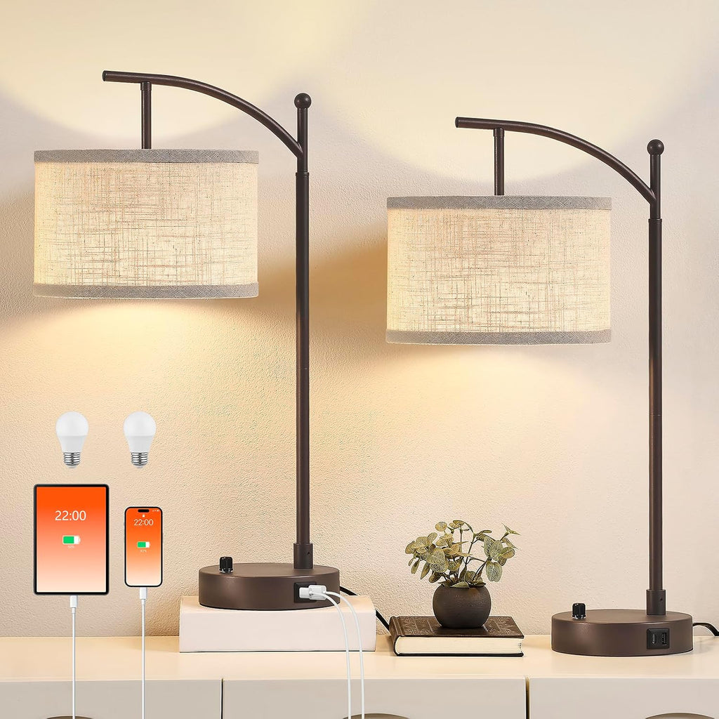 Table Lamp for Living Room Bedroom, 23.5" Table Lamps Set of 2 with USB C+A Ports, Bedside Lamps for Nightstand with Linen Lamp Shades, 2…
