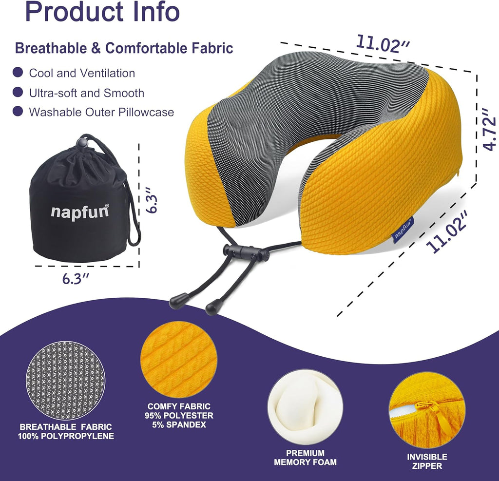 napfun Neck Pillow for Traveling, Upgraded Travel Neck Pillow for Airplane 100% Pure Memory Foam Travel Pillow for Flight Headrest Sleep…