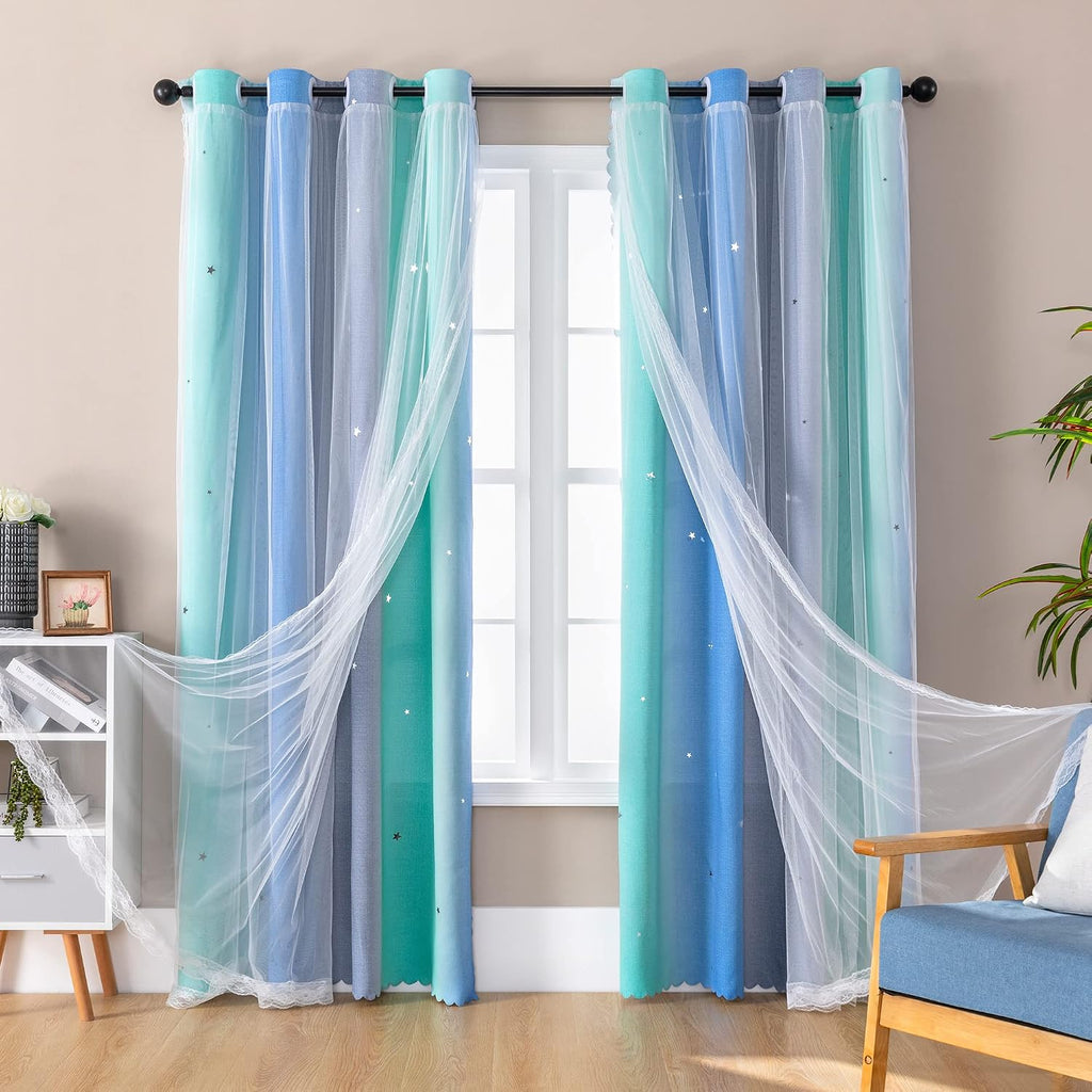 Addsomecolortolife XiDi Dream Star Blackout Curtains for Kids Rooms Girl Princess Curtain for Daughter Bedroom Window (Blue Green Grey, W52…