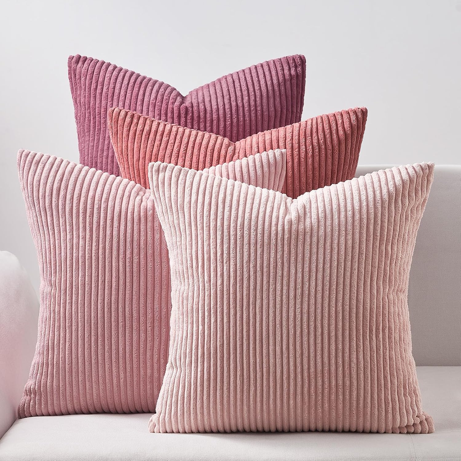 Topfinel Throw Pillow Cover 4pc Set - Multi Pink Combo - 26" x 26" Solid Cozy Corduroy Square Accent Decorative Cushion Case for Couch Sofa…