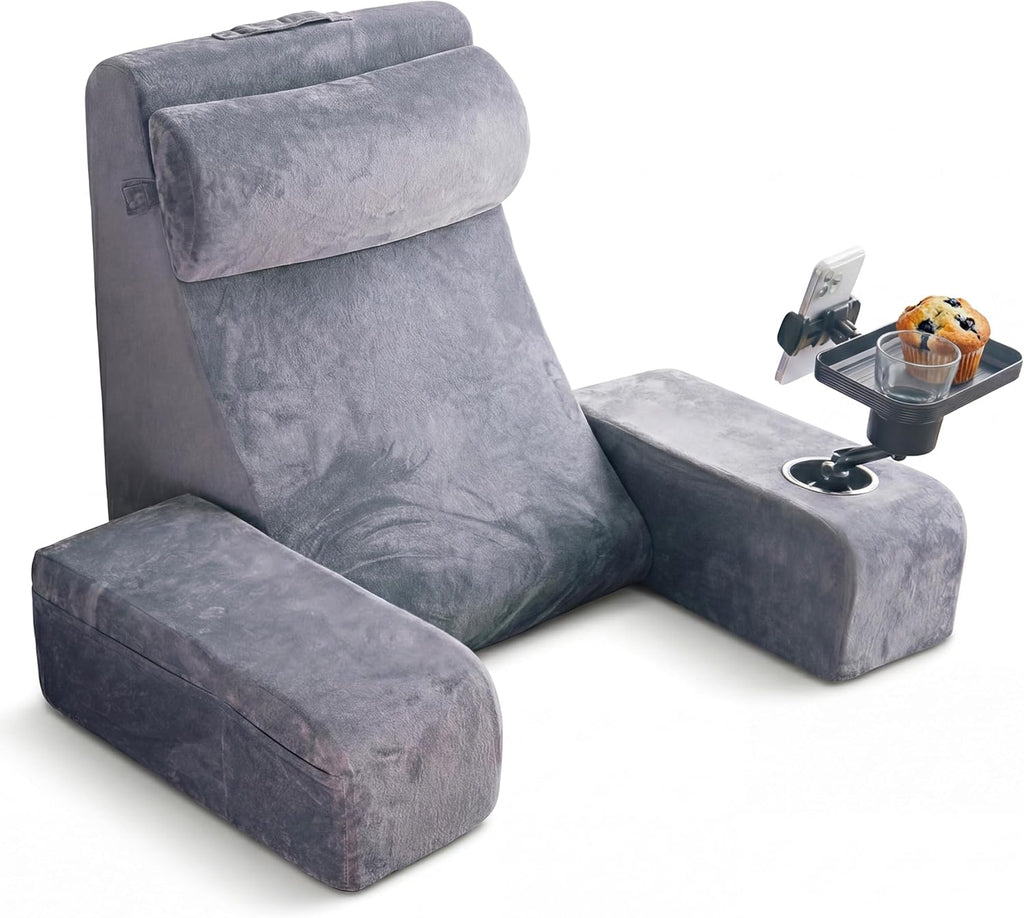 TabCouchCaddy Reading Pillow for Adults – 24” XL Memory Foam Backrest with Detachable Arms, Cup Holder, Phone Caddy & Adjustable Tray Mount…
