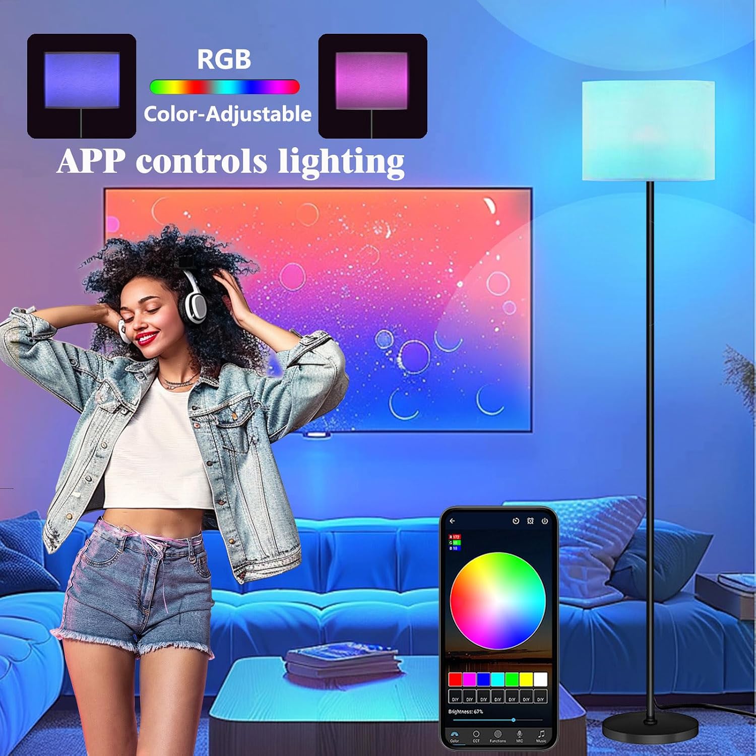 Qaubauyt Smart LED Floor Lamp with APP Control & RGB Colors - Dimmable Standing Lamp for Living Room, Bedroom, Gaming - Remote, Timer, 9W…