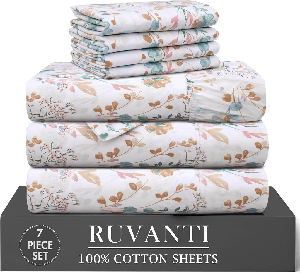 Ruvanti 100% Cotton Percale Sheets Split King Size 7 Piece Set, Cooling Bed Sheets for Hot Sleepers, Deep Pocket 16”, Breathable Lightweigh…