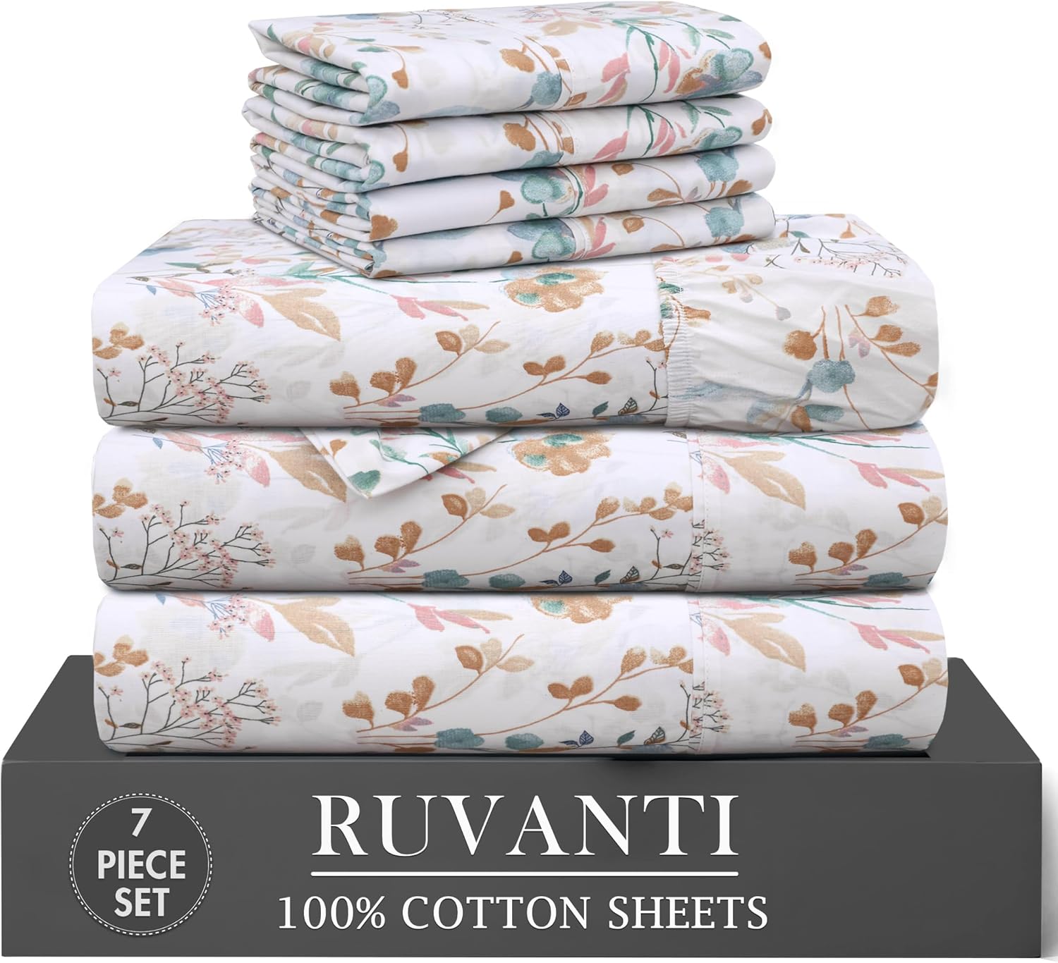 Ruvanti 100% Cotton Percale Sheets Split King Size 7 Piece Set, Cooling Bed Sheets for Hot Sleepers, Deep Pocket 16”, Breathable Lightweigh…