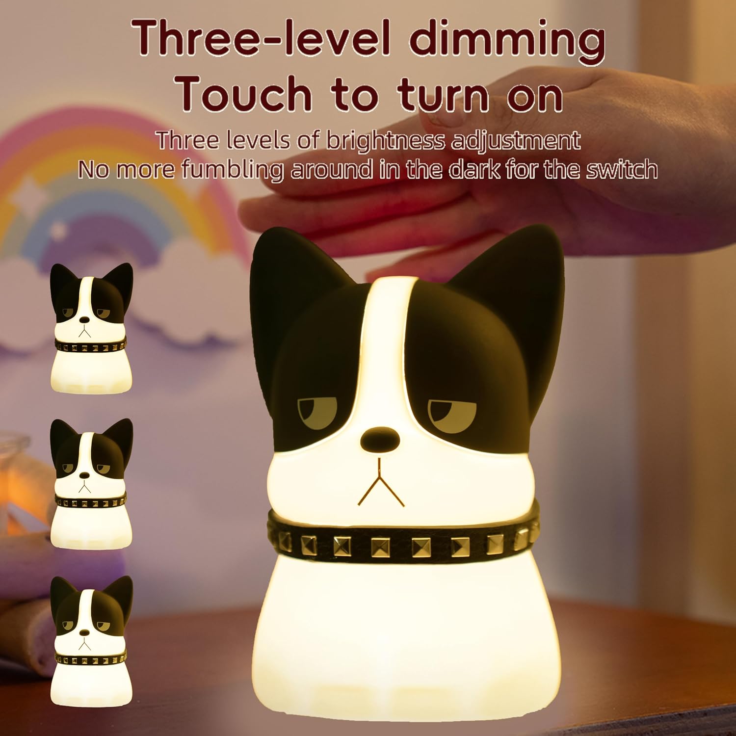 Led Cute Frenchie Night Light, Dimmable Nursery Kawaii Lamps, Super Squishy Silicone USB Rechargeable Touch Control Bedside Lamp, Used…