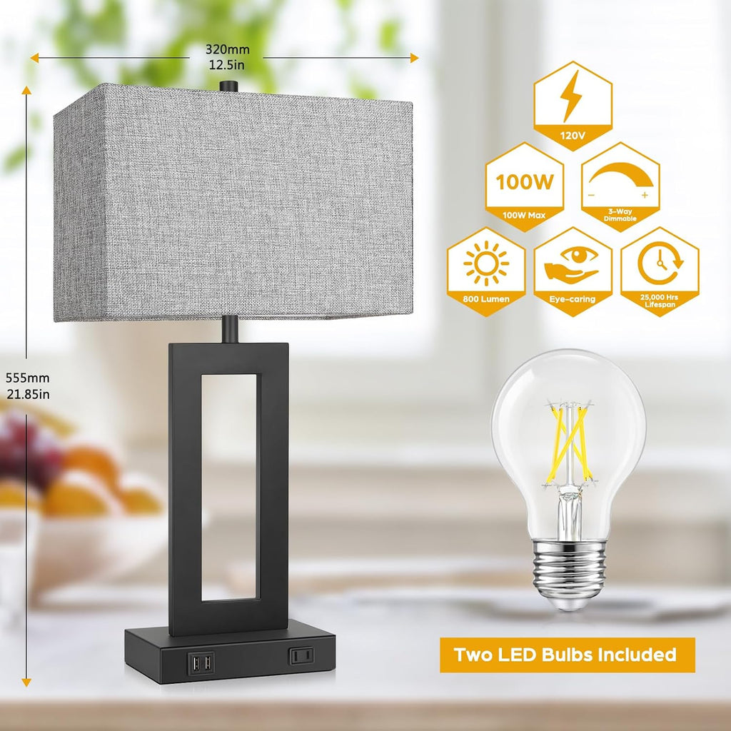 Tobusa Set of 2 Modern Touch Control Table Lamps with 2 USB Ports, 22’’ Large Bedside Nightstand Lamps 3-Way Dimmable Desk Lamp With Grey F…