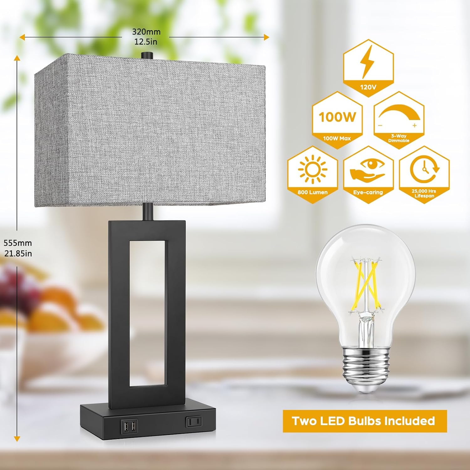 Tobusa Set of 2 Modern Touch Control Table Lamps with 2 USB Ports, 22’’ Large Bedside Nightstand Lamps 3-Way Dimmable Desk Lamp With Grey F…