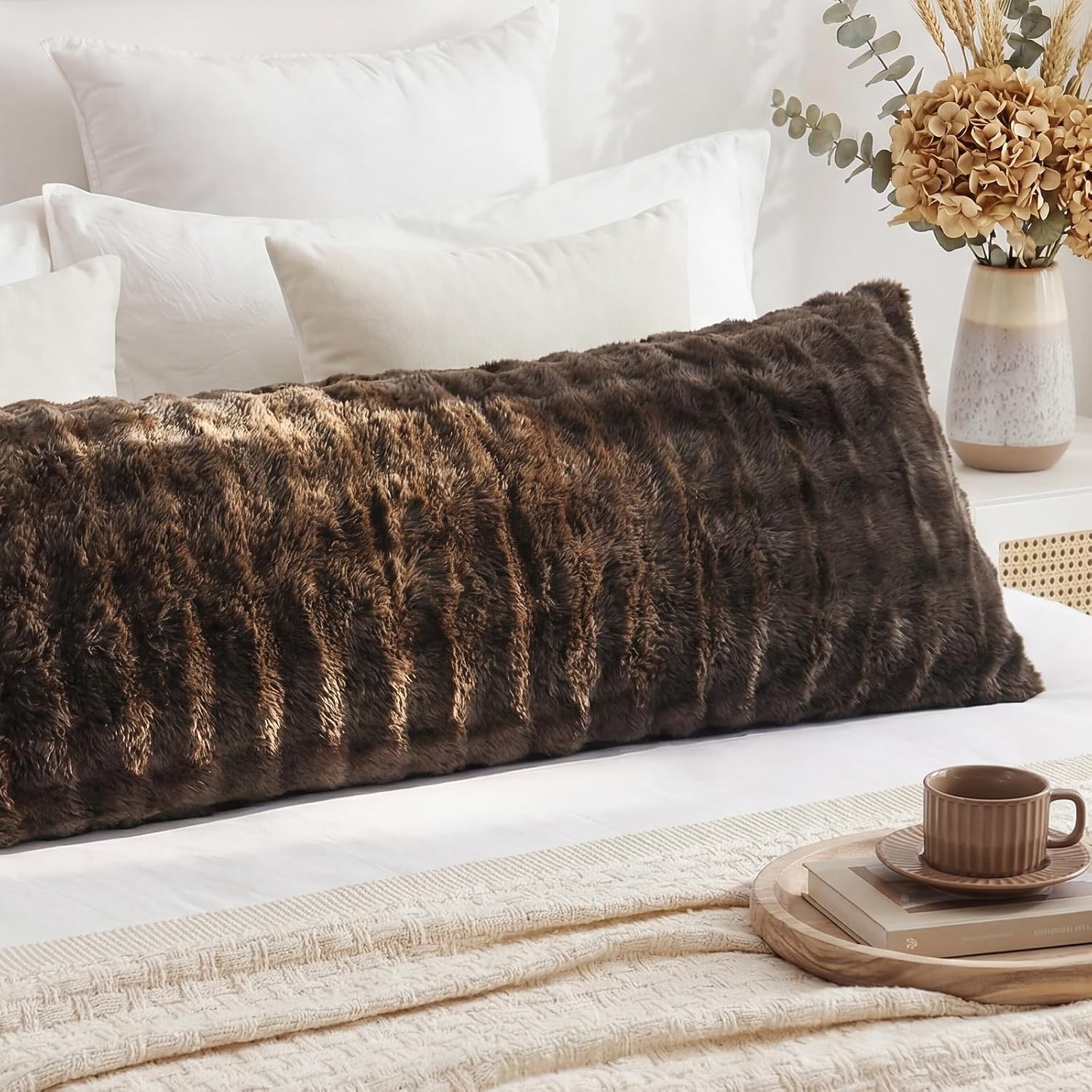 Chumerry Dark Brown Fluffy Body Pillow Cover Faux Fur Pillowcase Extra Soft Fuzzy Plush Long Pillow Cover Coffee Shaggy Body Pillow Case fo…