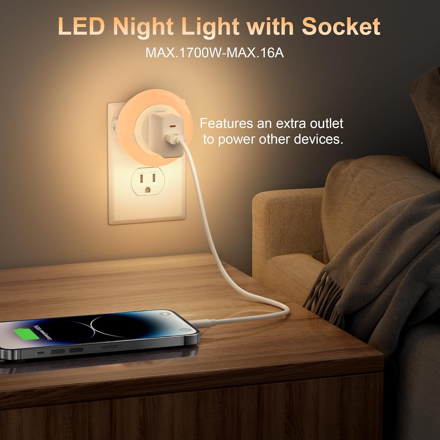 YiaMiaNightLights YiaMia Night Lights Plug Into Wall, Dusk to Dawn Sensor Night Light with Outlet, Warm Light Dimmable Nightlights–5-25 Lum…