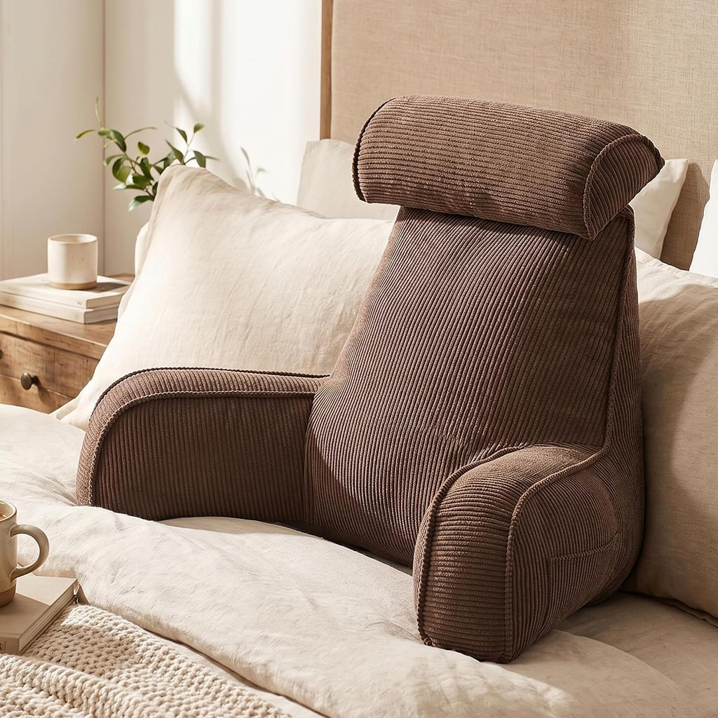 Ailuteie Reading Pillow for Sitting Up, Backrest Pillow with Arms, Corduroy Back Support Cushion with Side Pockets & Washable Cover, Bed Re…
