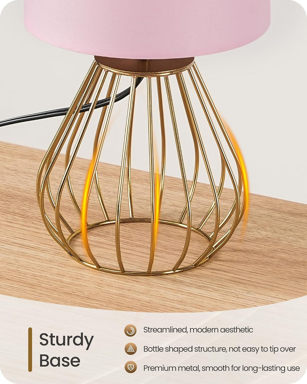 Pink and Gold Table Lamp, Small Bedside Lamp with Metal Base & Pink Linen Lampshade, Modern Nightstand Lamp, Little Cute Desk Lamp for…