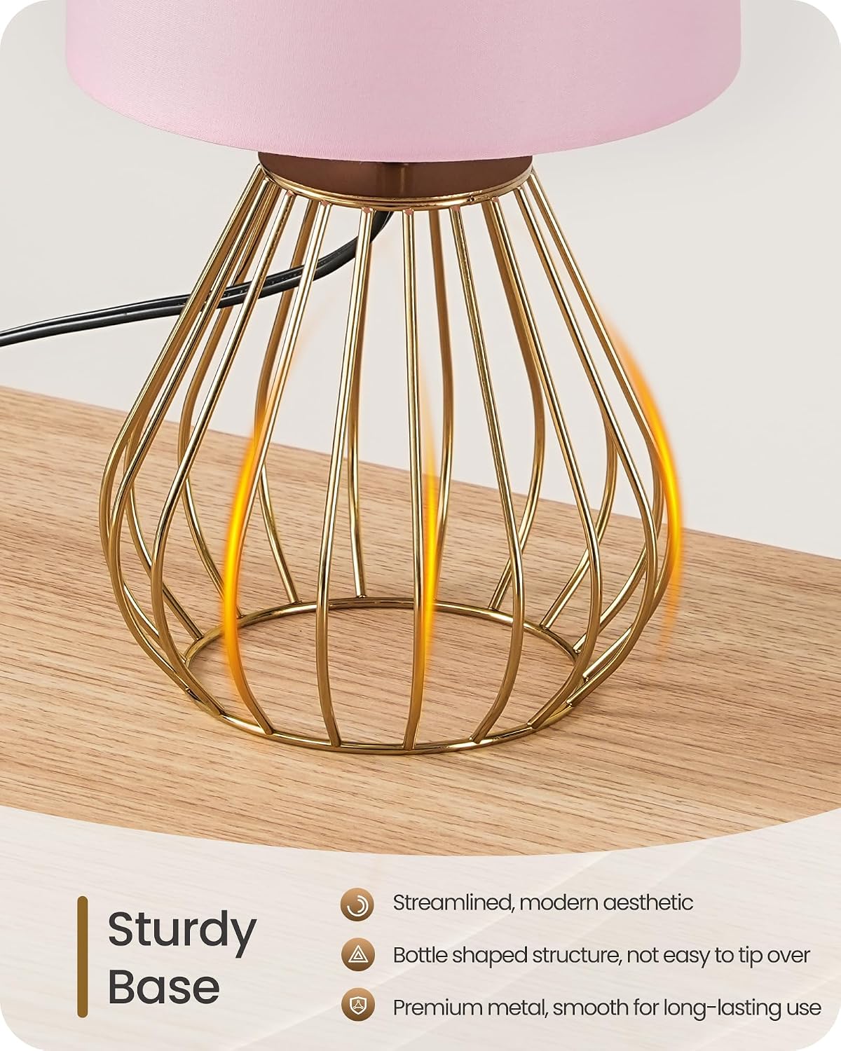 Pink and Gold Table Lamp, Small Bedside Lamp with Metal Base & Pink Linen Lampshade, Modern Nightstand Lamp, Little Cute Desk Lamp for…