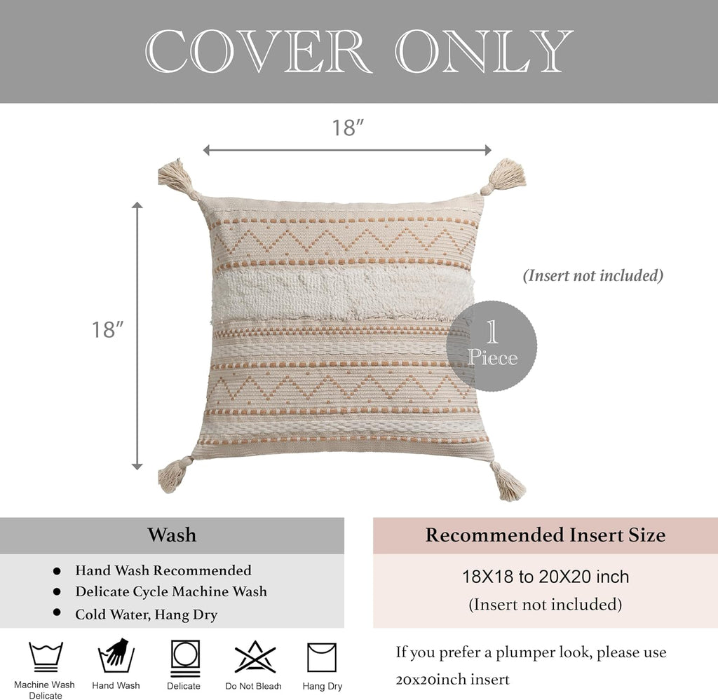 BlissBlush 18X18 Throw Pillow Cover, Cream Neutral Beige Square Decorative Cushion Cover, Boho Accent Pillowcase with Tufted Details and…